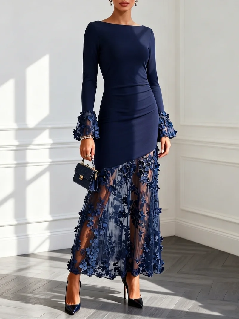 Purplish Blue 3D Floral Knit Boat Neck Long Sleeve Bell Sleeve A-Line Maxi Dress