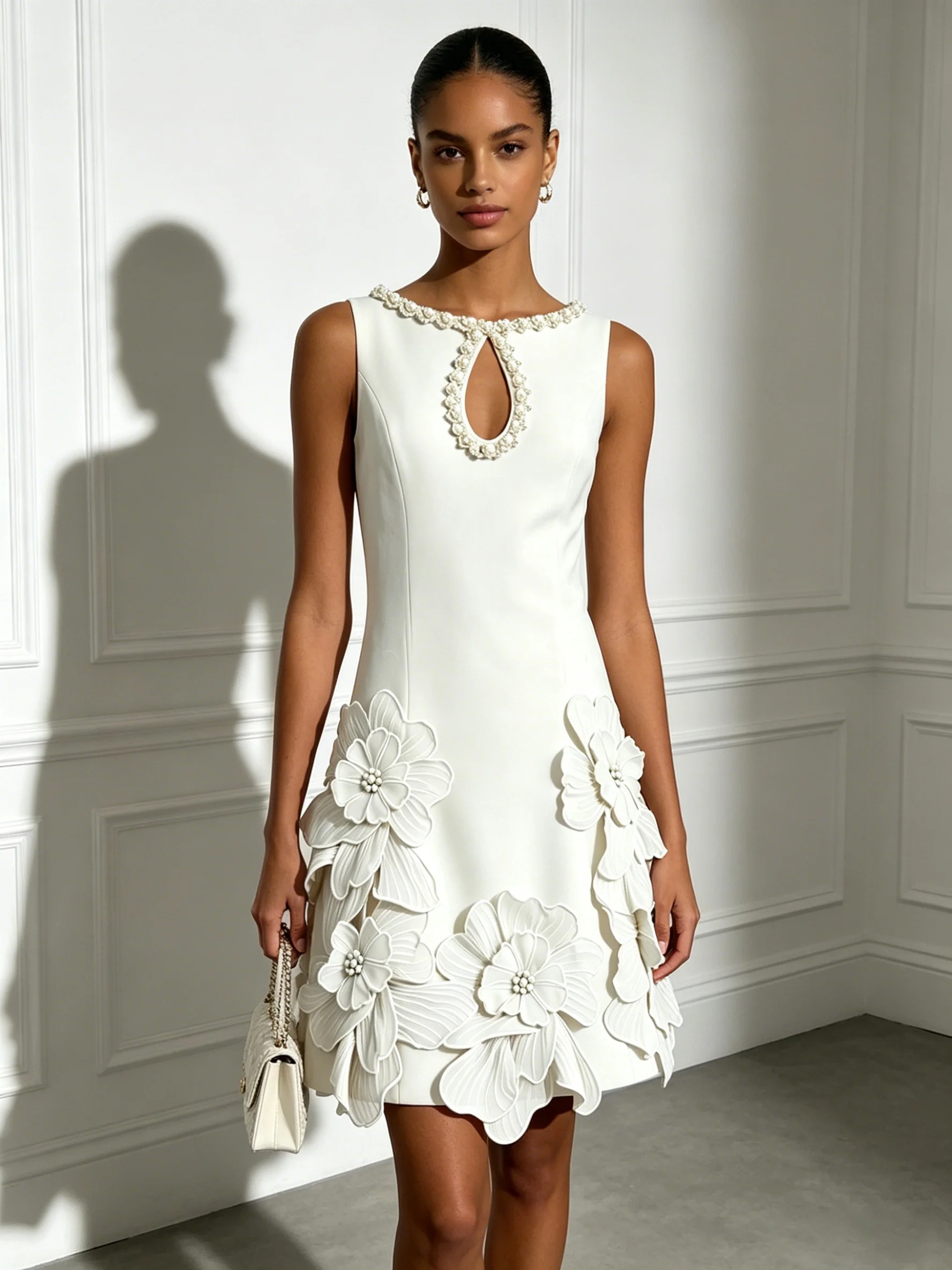 White 3D Floral Pearl Classic Boat Neck Sleeveless A-Line Mini Dress