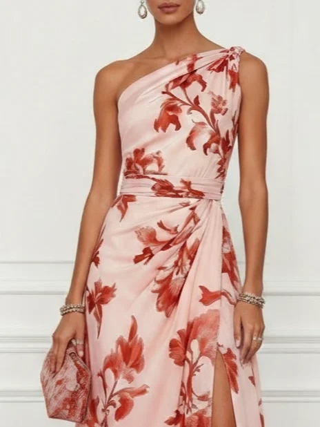 Pink Floral Satin One Shoulder Sleeveless A-Line Floor Length Dress