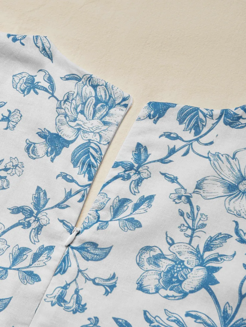 Midi Linen Dress, Short Sleeves, Sweetheart Neck, Floral, Ruffles, Vintage, Blue