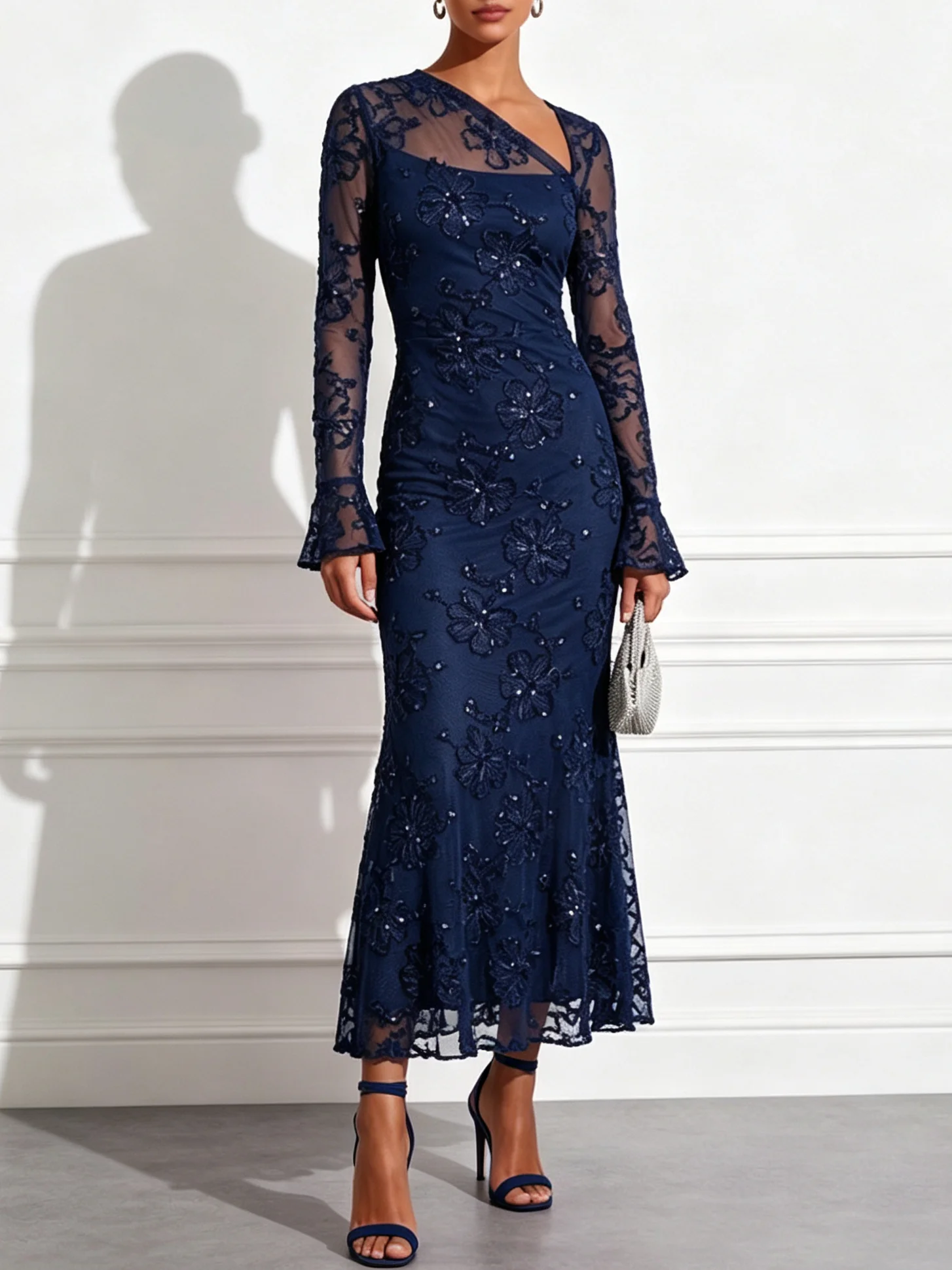 Navy Blue Jacquard Classic Asymmetrical Long Sleeve Bell Sleeve Mermaid Midi Dress