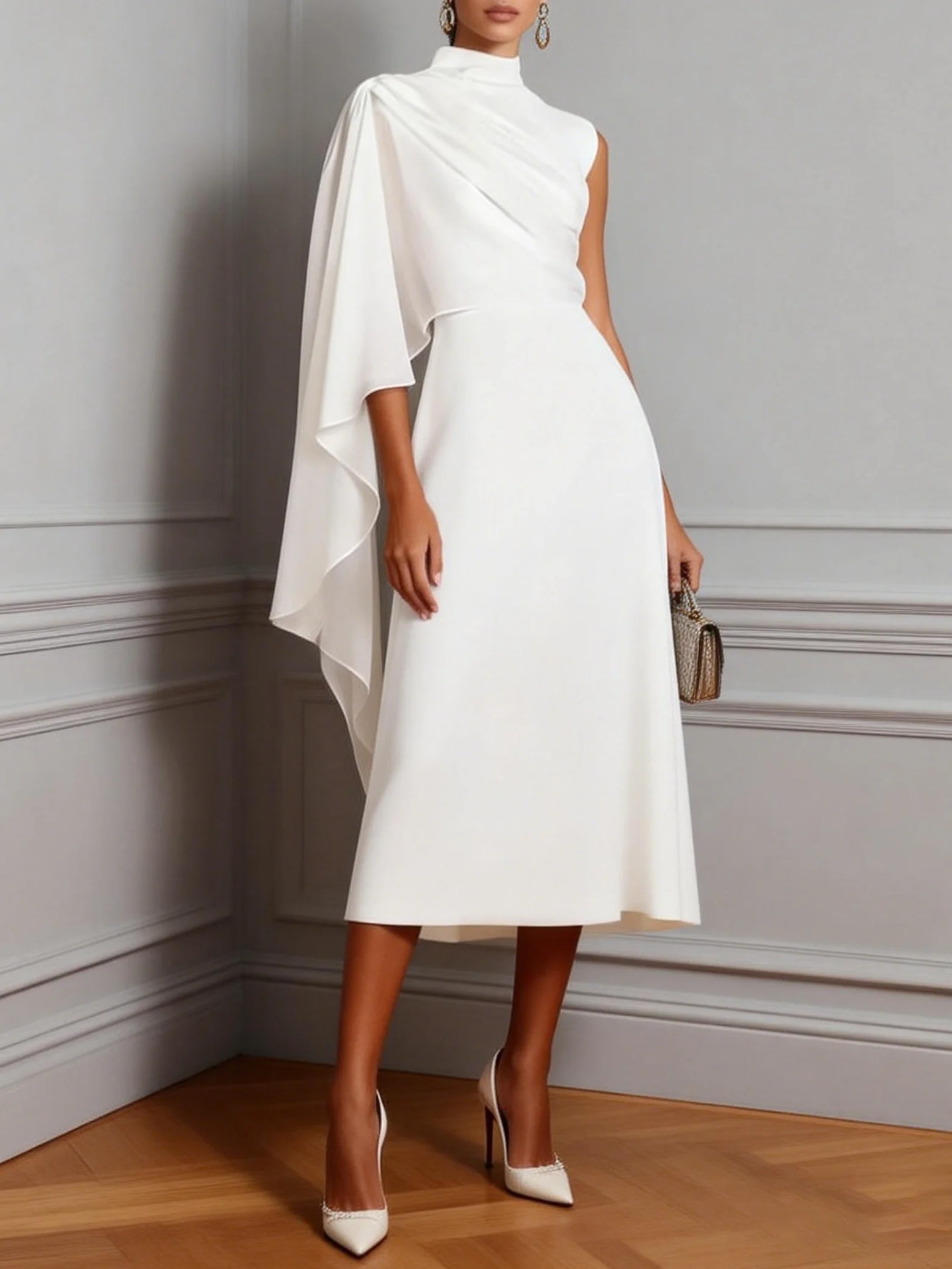 White Ruched Classic Stand Collar Sleeveless A-Line Midi Dress