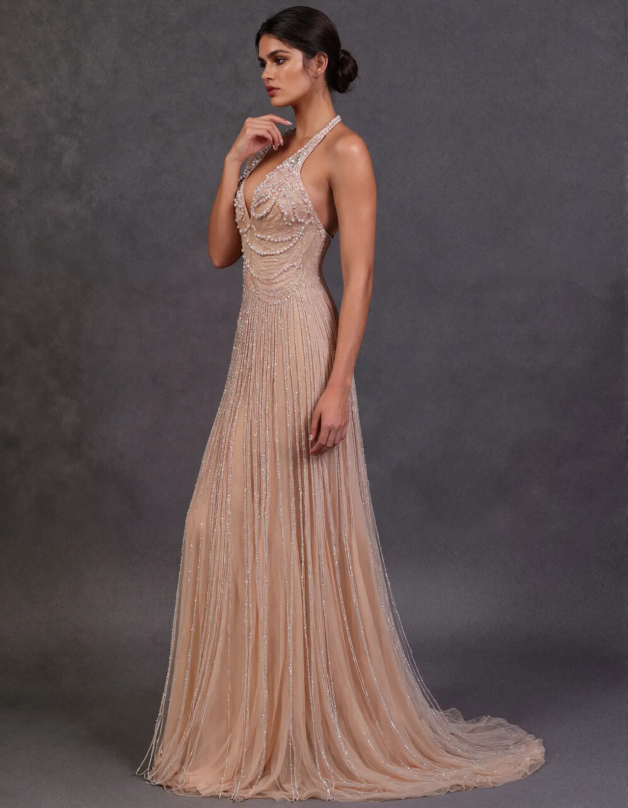 Nude Colored Halter Neck Crystal Evening Gown