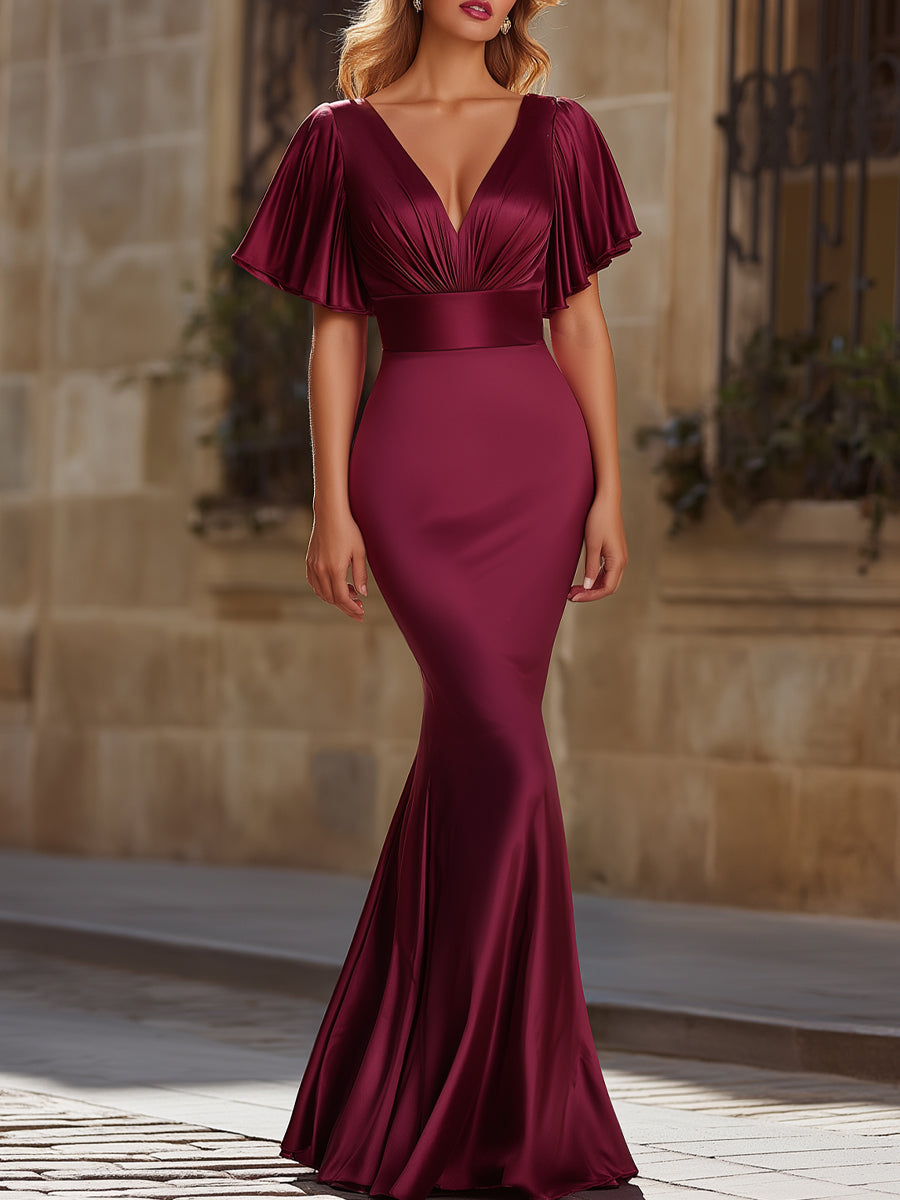 Satin Flutter Sleeve Mermaid Evening Dress