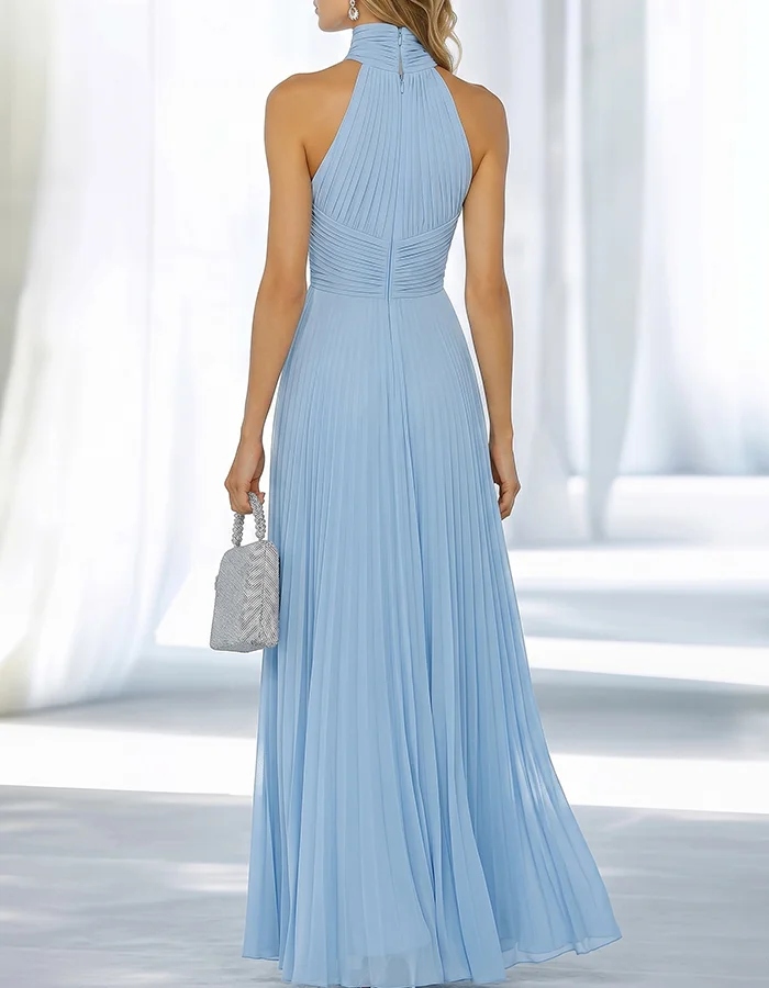 Sky Blue One-Shoulder High-Neck Ruched Chiffon Maxi Dress