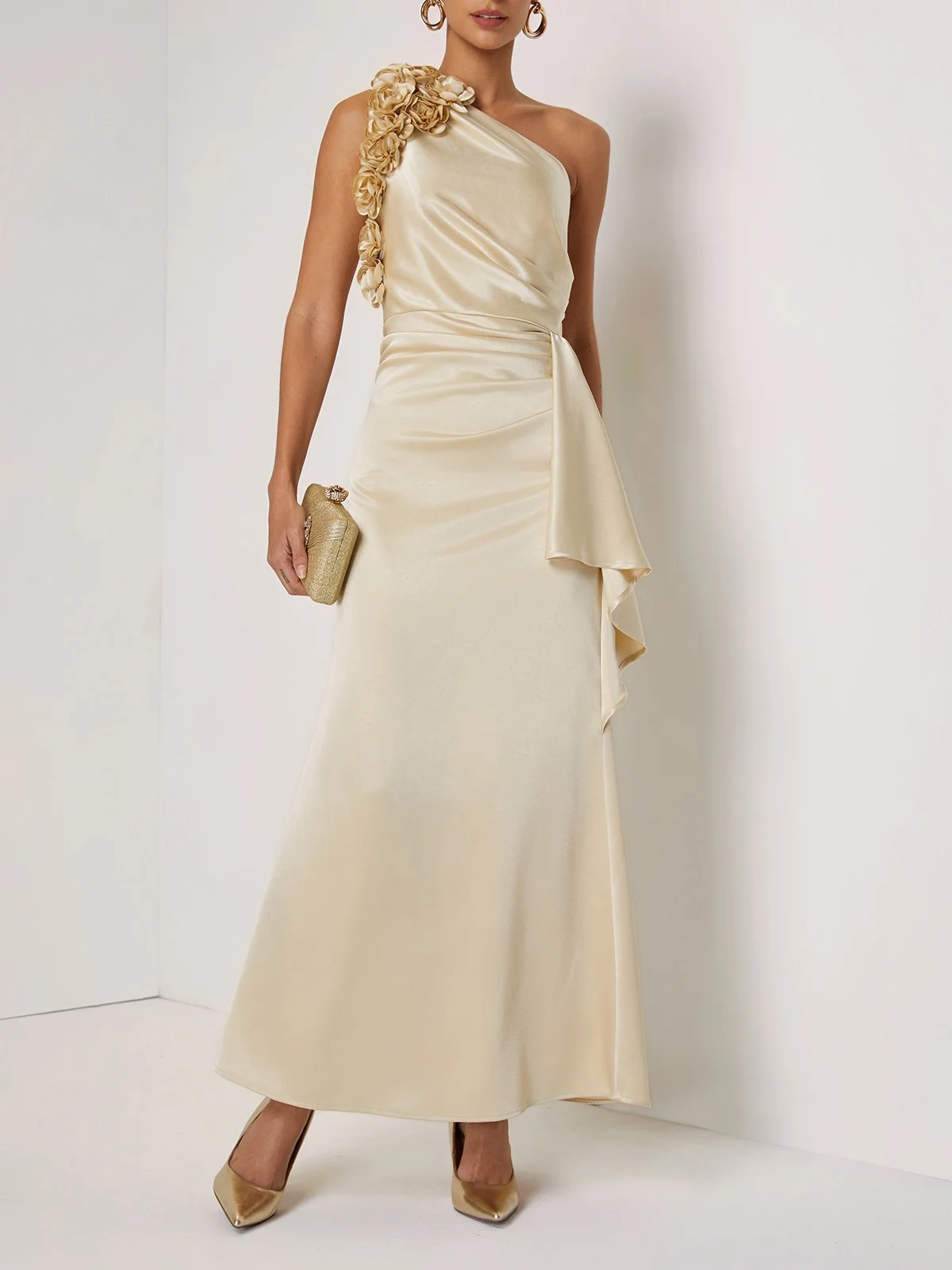 Champagne 3D Floral Ruched Satin One Shoulder Sleeveless Sheath Floor-length Gown Dress