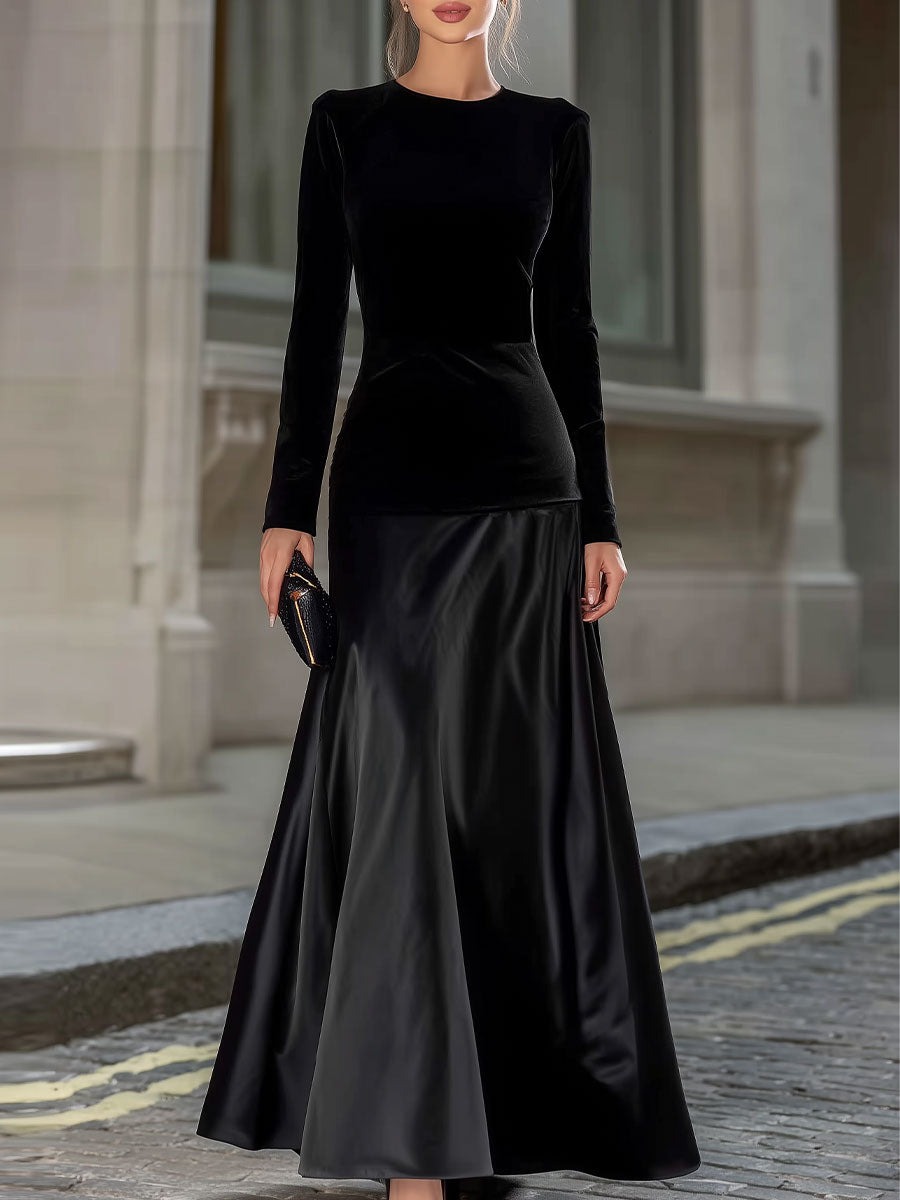 Black Velvet & Satin Long-Sleeve A-Line Evening Gown