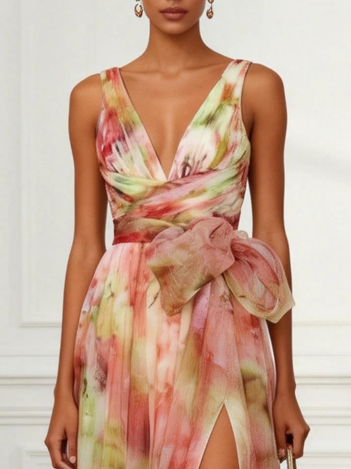 Pink Floral Bow Tulle V Neck Sleeveless A-Line Gown Dress