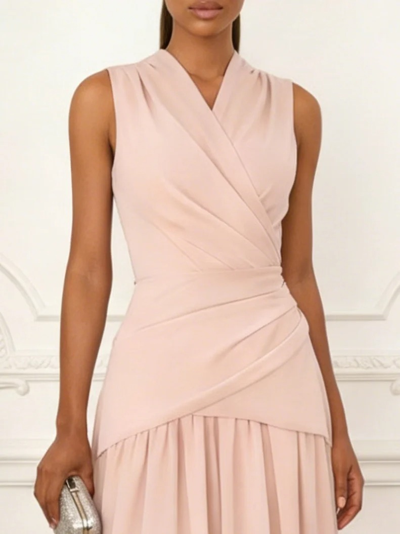 Pink Ruched Chiffon V Neck Sleeveless A-Line Maxi Dress