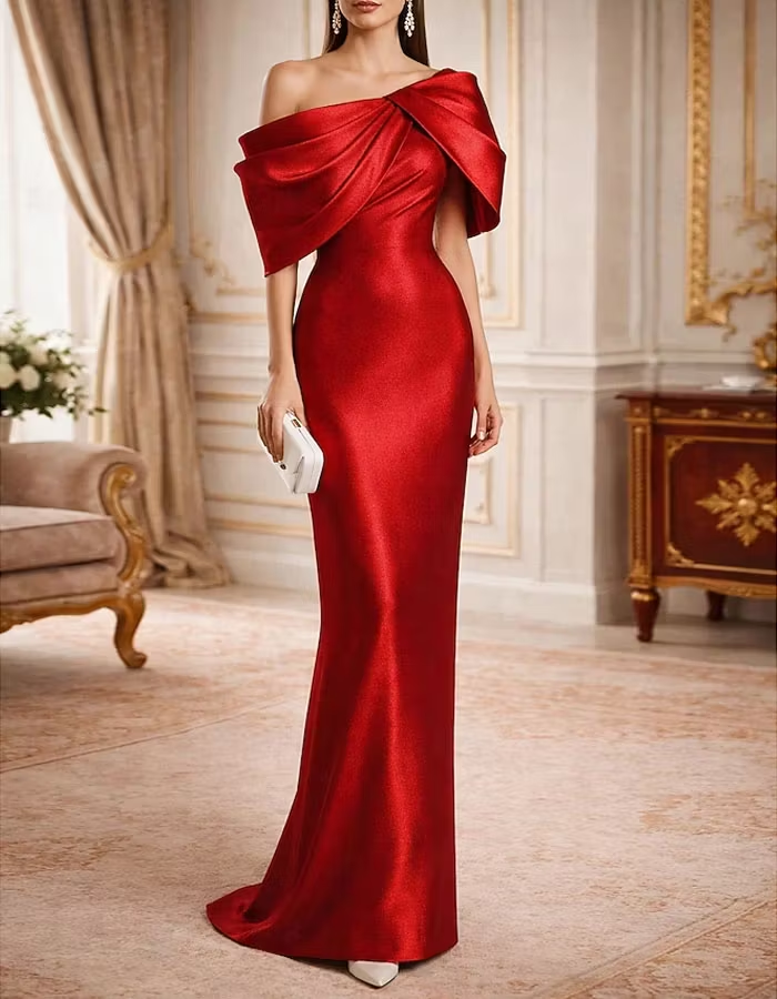 Solid Color Metallic Satin Off Shoulder Maxi Dress