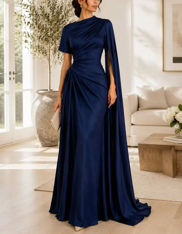 Navy Blue Satin Short Sleeved Cape Style Maxi Dress