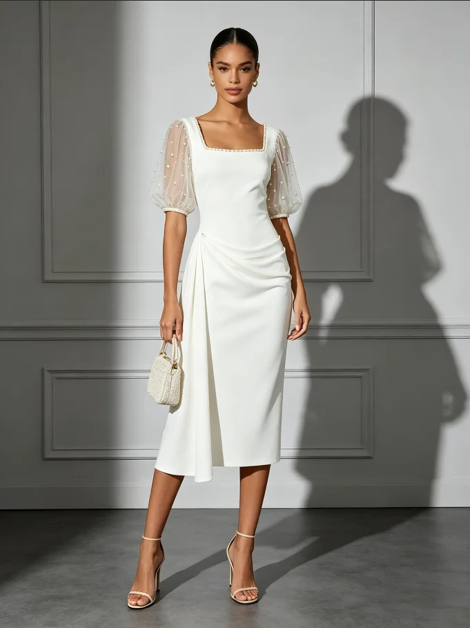 White Faux Pearl Classic Square Neck Short Sleeve Balloon Sleeve H-Line Midi Dress