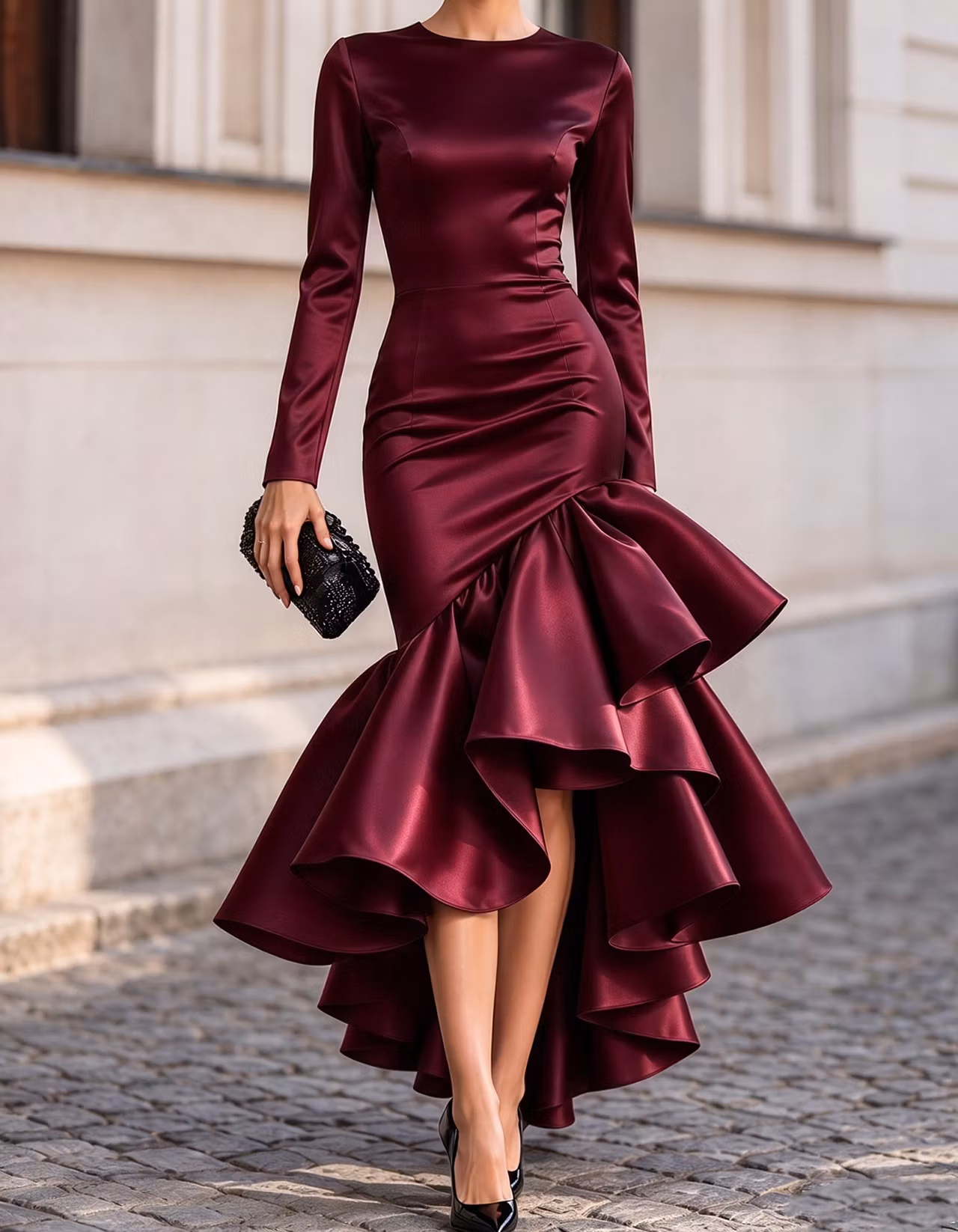 Long Sleeve Satin High-Low Ruffle Mermaid Maxi Dress