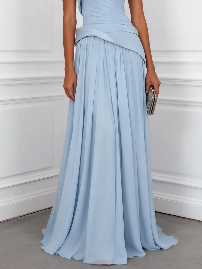 Light Blue Ruched Classic Strapless Sleeveless A-Line Gown Dress