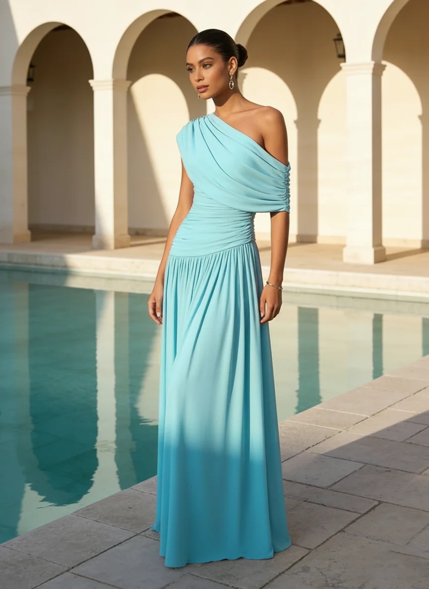 Blue Ruched Knit Asymmetrical Sleeveless A-Line Floor-length Gown Dress