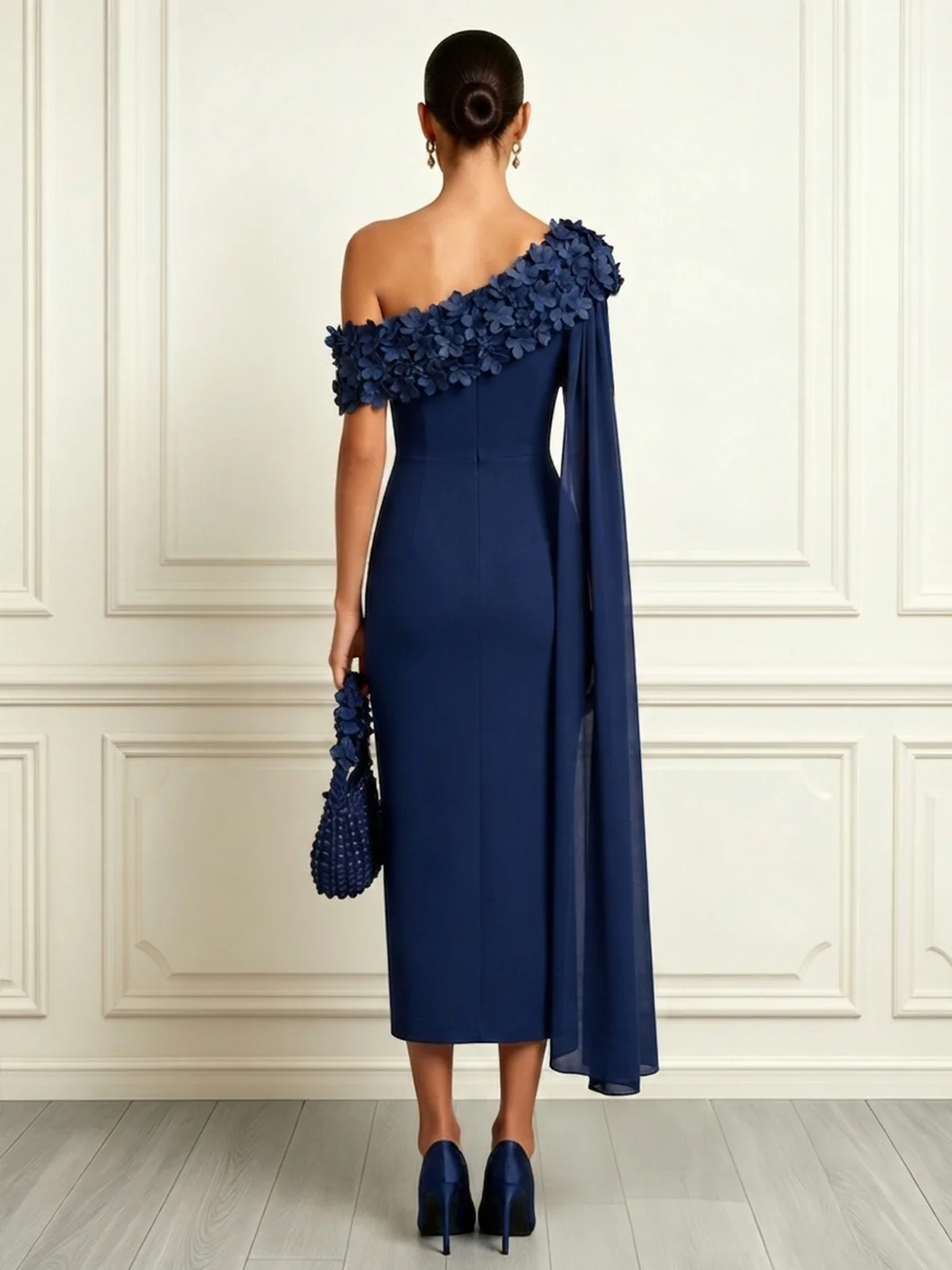 Navy Blue 3D Floral Classic Asymmetrical Short Sleeve Sheath Midi Dress