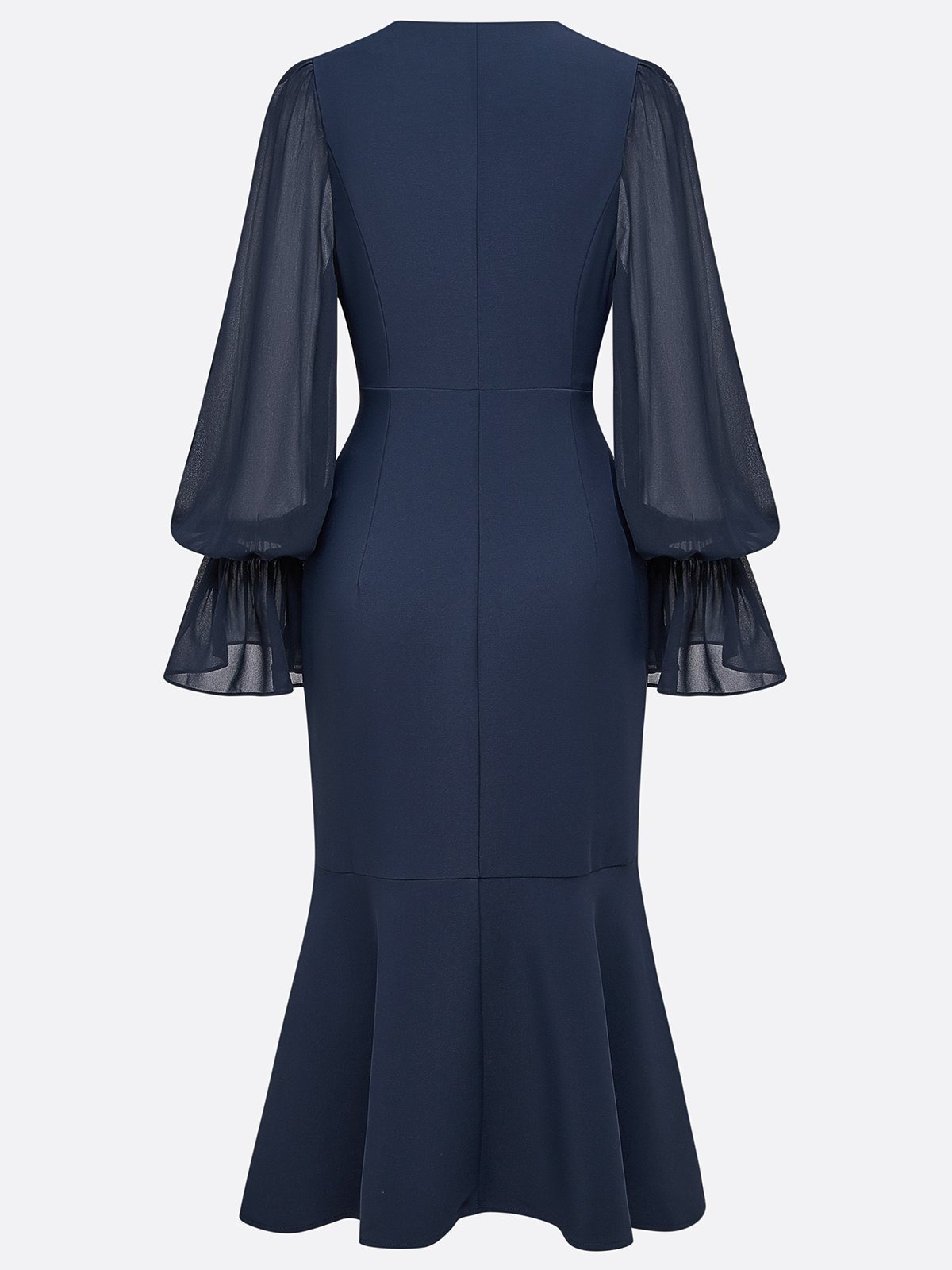 Purplish blue Buckle Classic V Neck Long Sleeve Bell Sleeve Mermaid Midi Dress