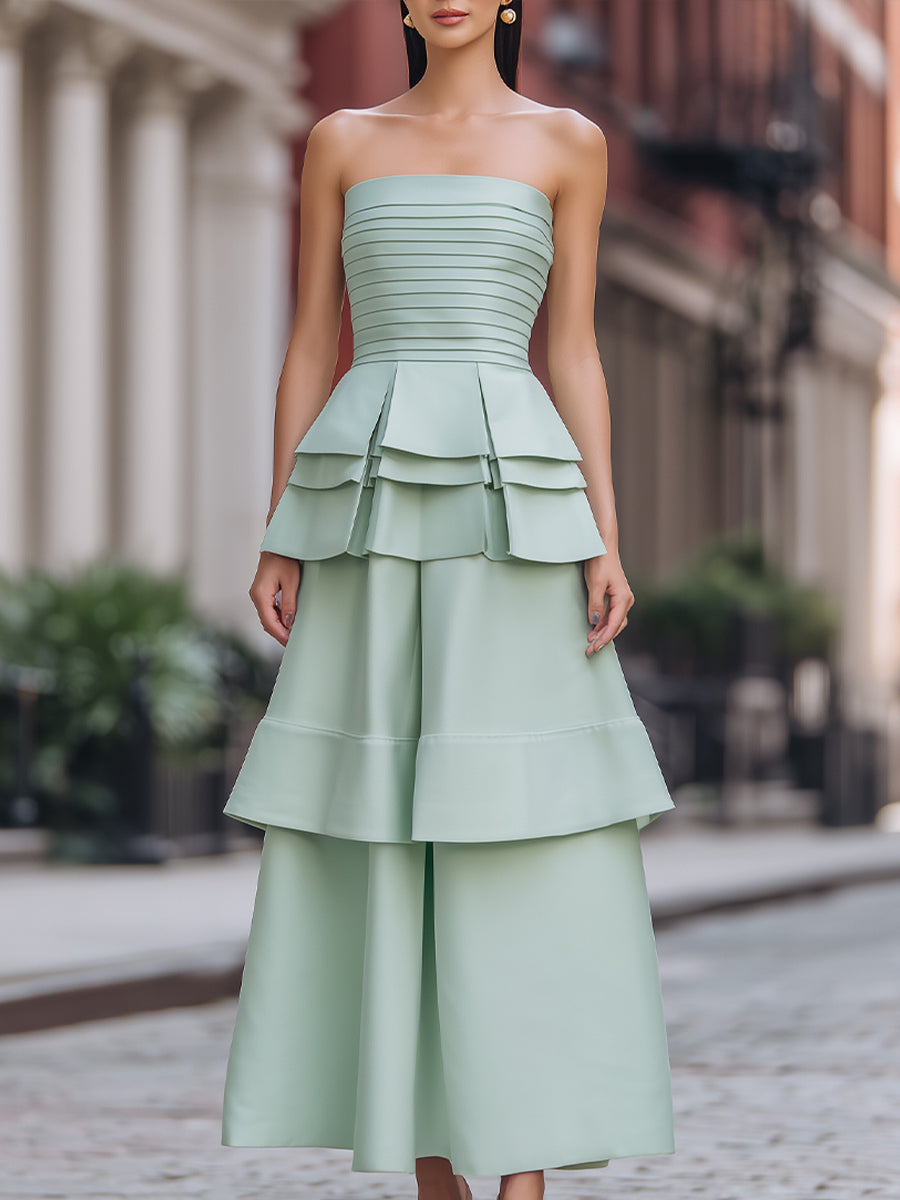 Elegant Strapless Layered Ruffle Midi Dress