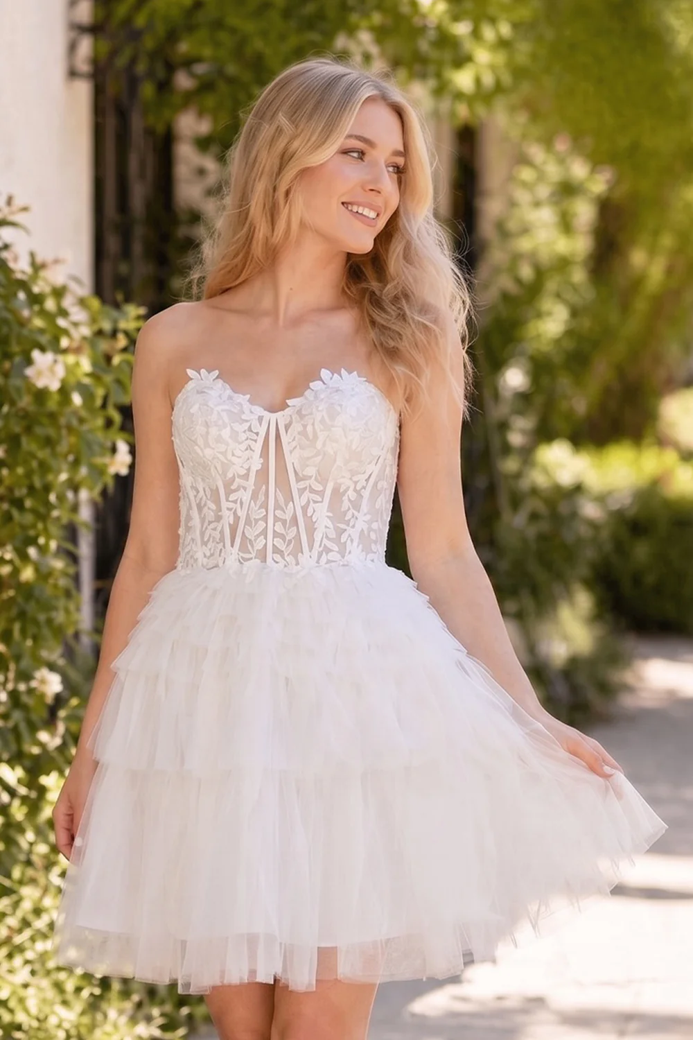 Strapless White Lace And Tulle Mini Dress