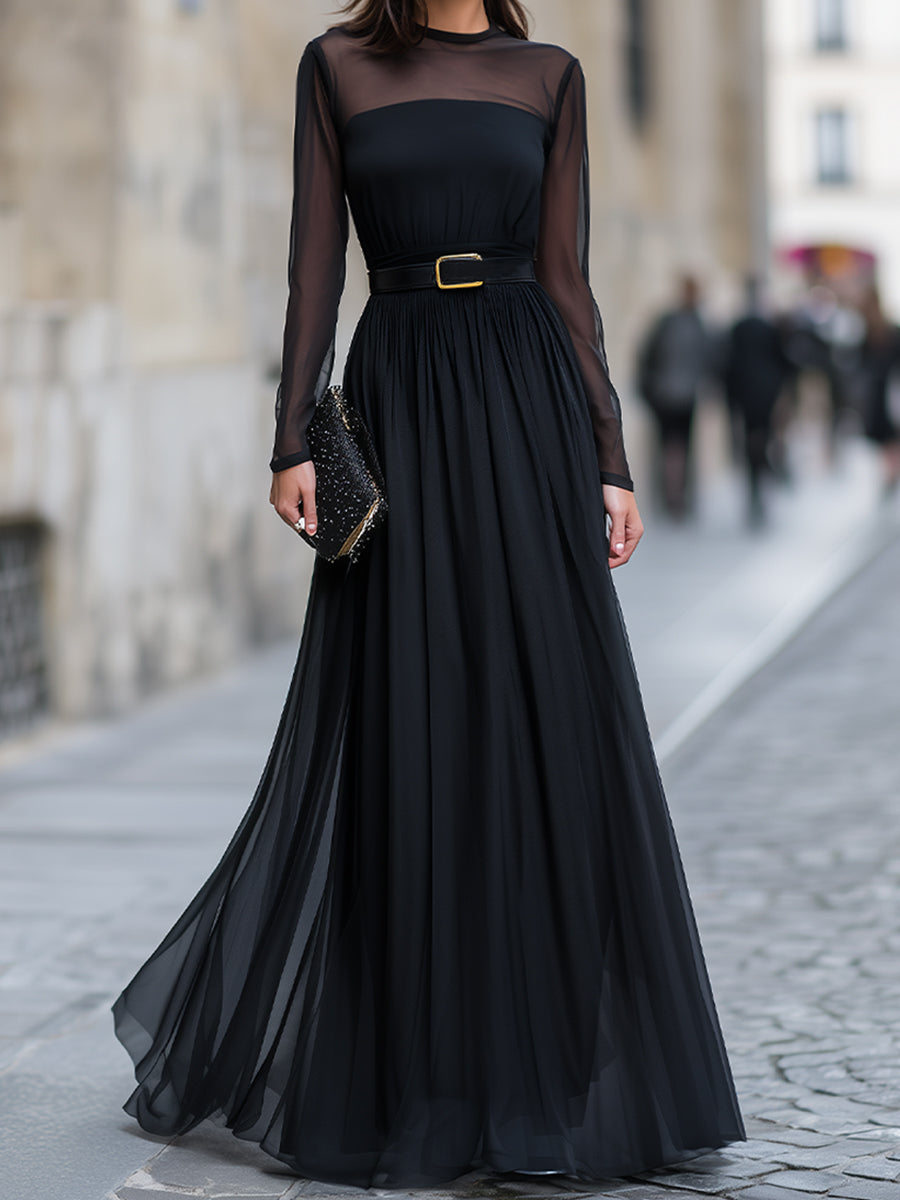 Black Sheer Long Sleeve Pleated Maxi Dress