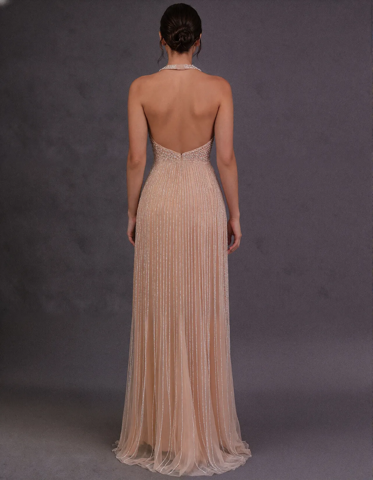 Nude Colored Halter Neck Crystal Evening Gown