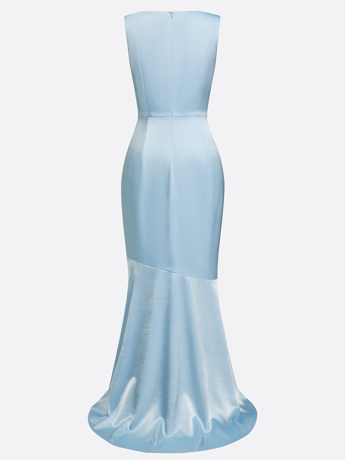 Light Blue Ruched Satin Cowl Neck Sleeveless Mermaid Maxi Dress