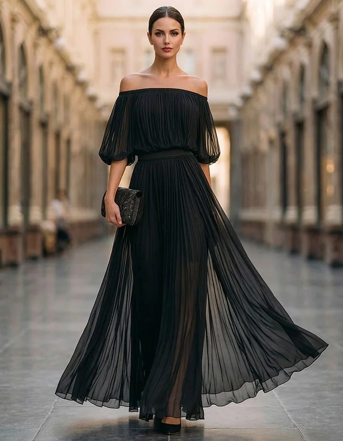 Black Off Shoulder Chiffon Slit Maxi Dress