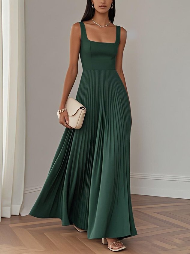 Light Blue Pleated Square Neck Sleeveless A-Line Maxi Dress