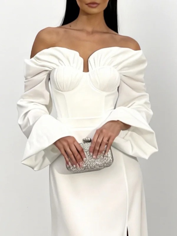 White Ruched Classic Off The Shoulder Long Sleeve A-Line Maxi Dress