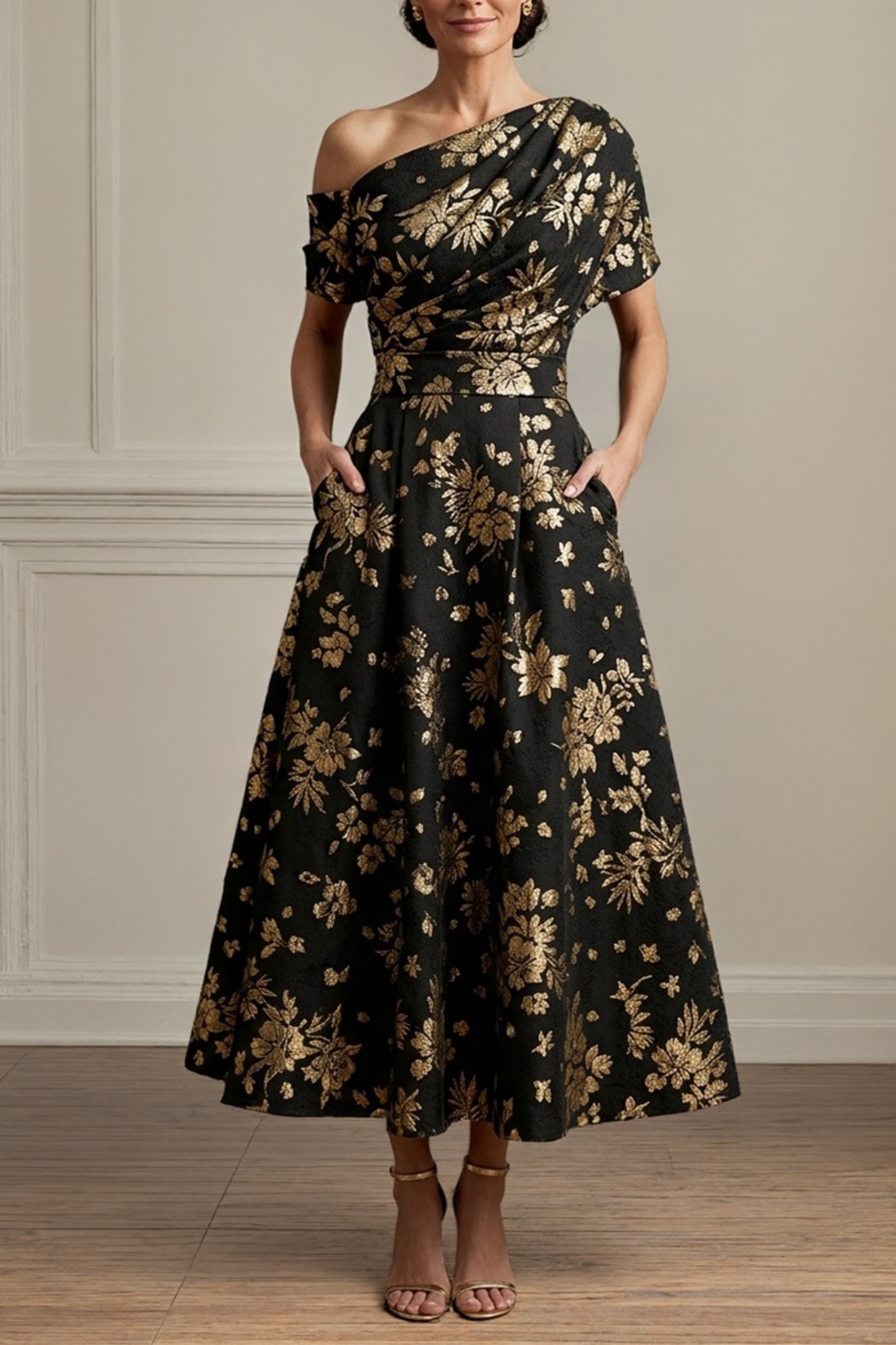 Black Floral Asymmetrical Neck A-Line Mother of the Bride Gown
