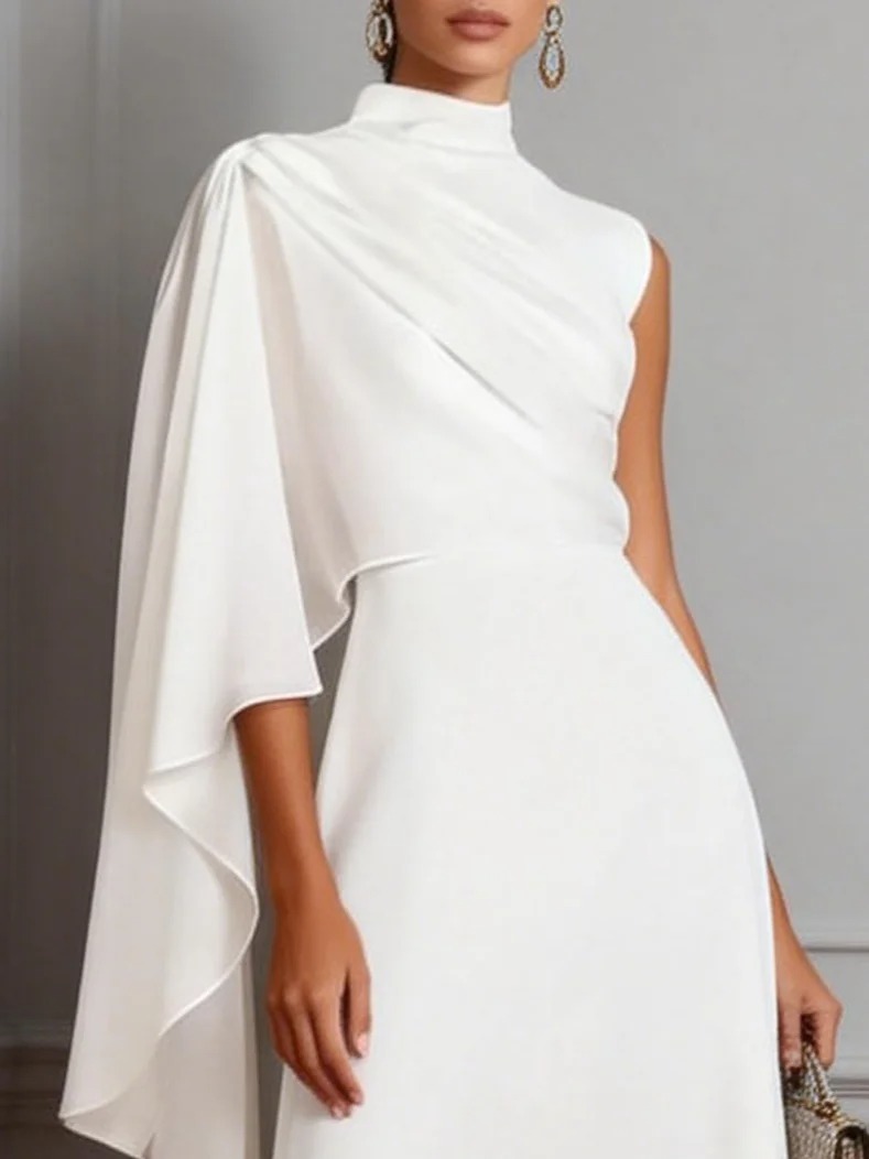 White Ruched Classic Stand Collar Sleeveless A-Line Midi Dress