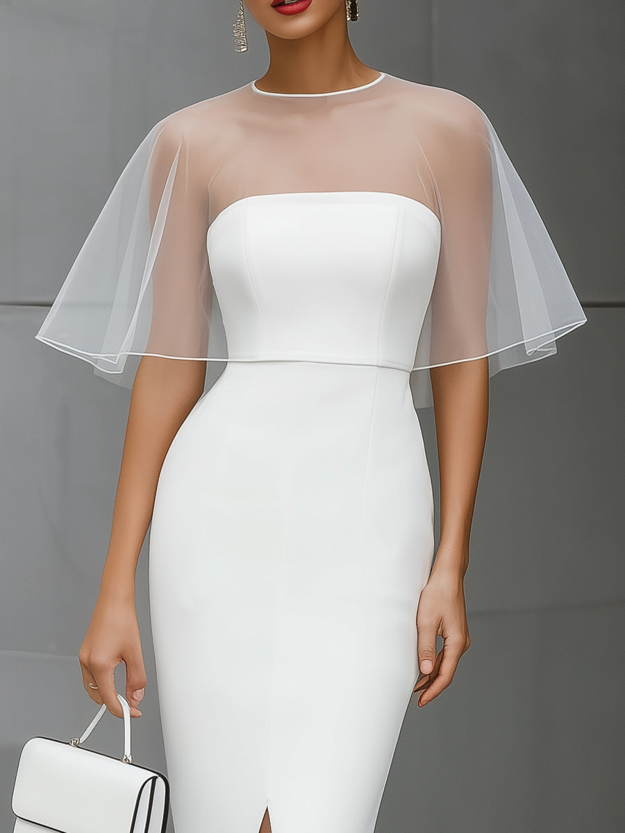 White Sheer Cape Overlay Midi Sheath Dress With Front Slit