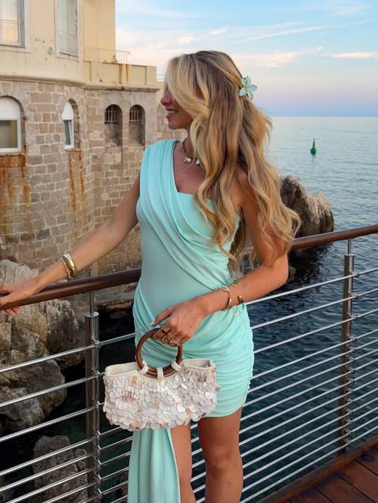 Mint‑Green One‑Shoulder Draped Ruched High‑Slit Maxi Dress