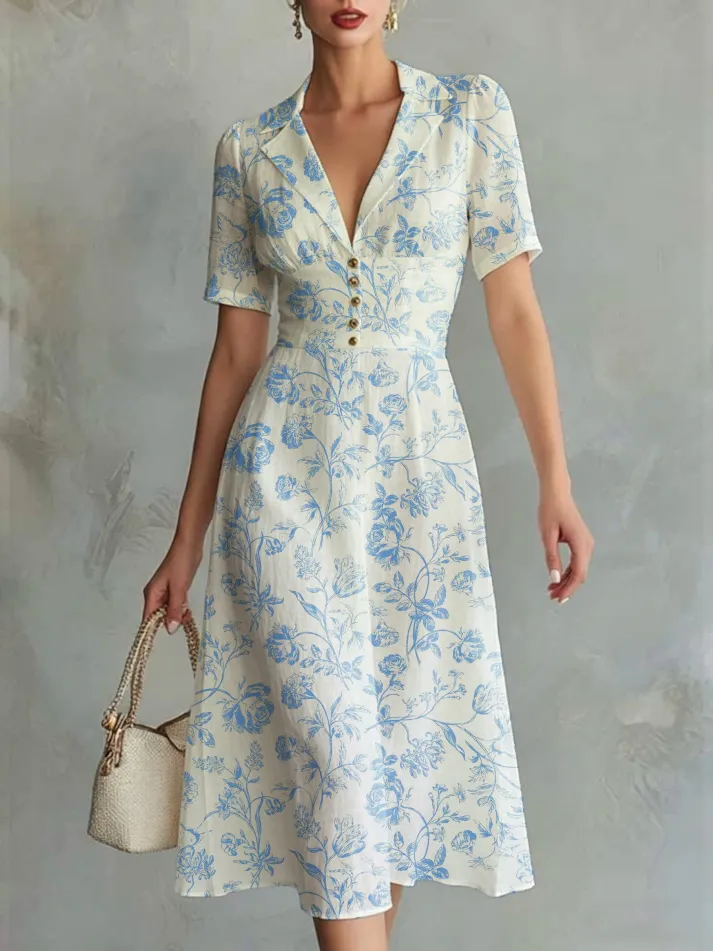 Midi Linen Dress, Short Sleeves, Lapel Collar, Floral, Button Design, Vintage, Blue