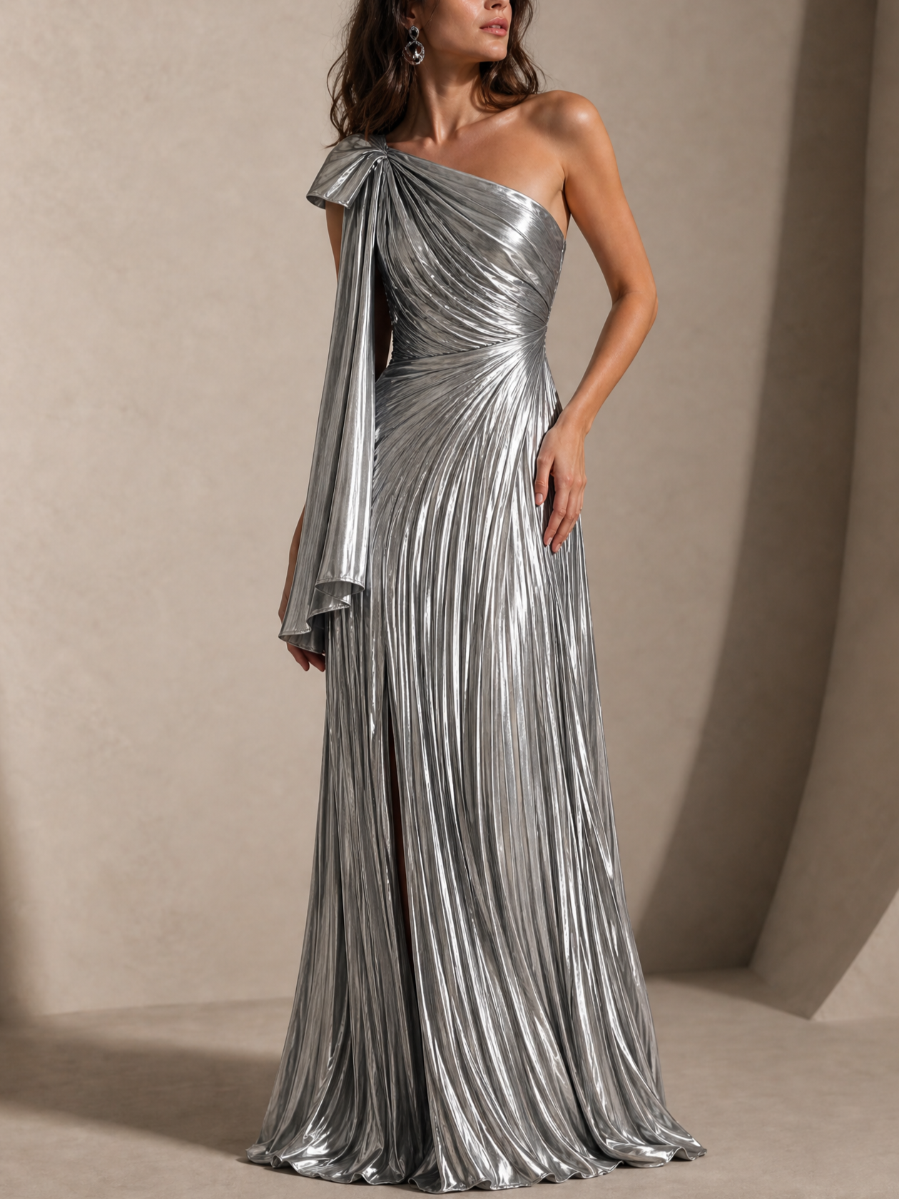 Silver Metallic Pleated One Shoulder Bow Sash High Slit Mermaid Evening Gown