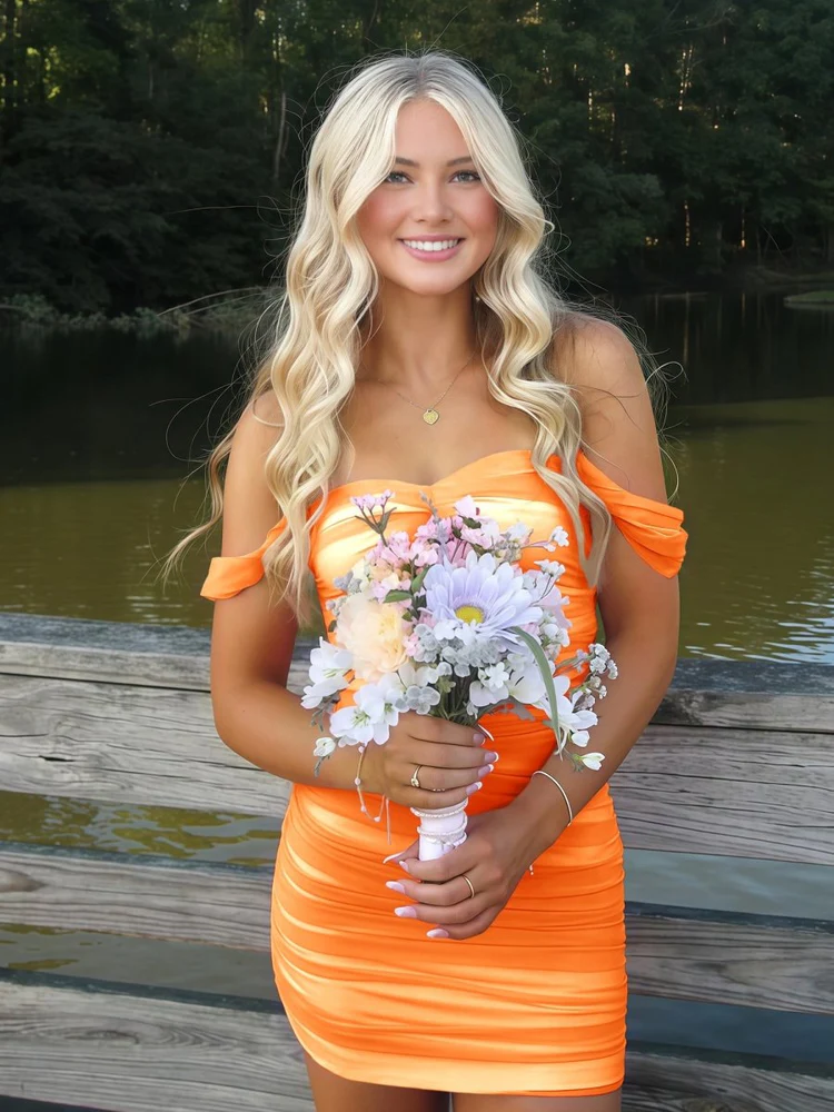Bright Orange Off-the-shoulder Satin Mini Dress