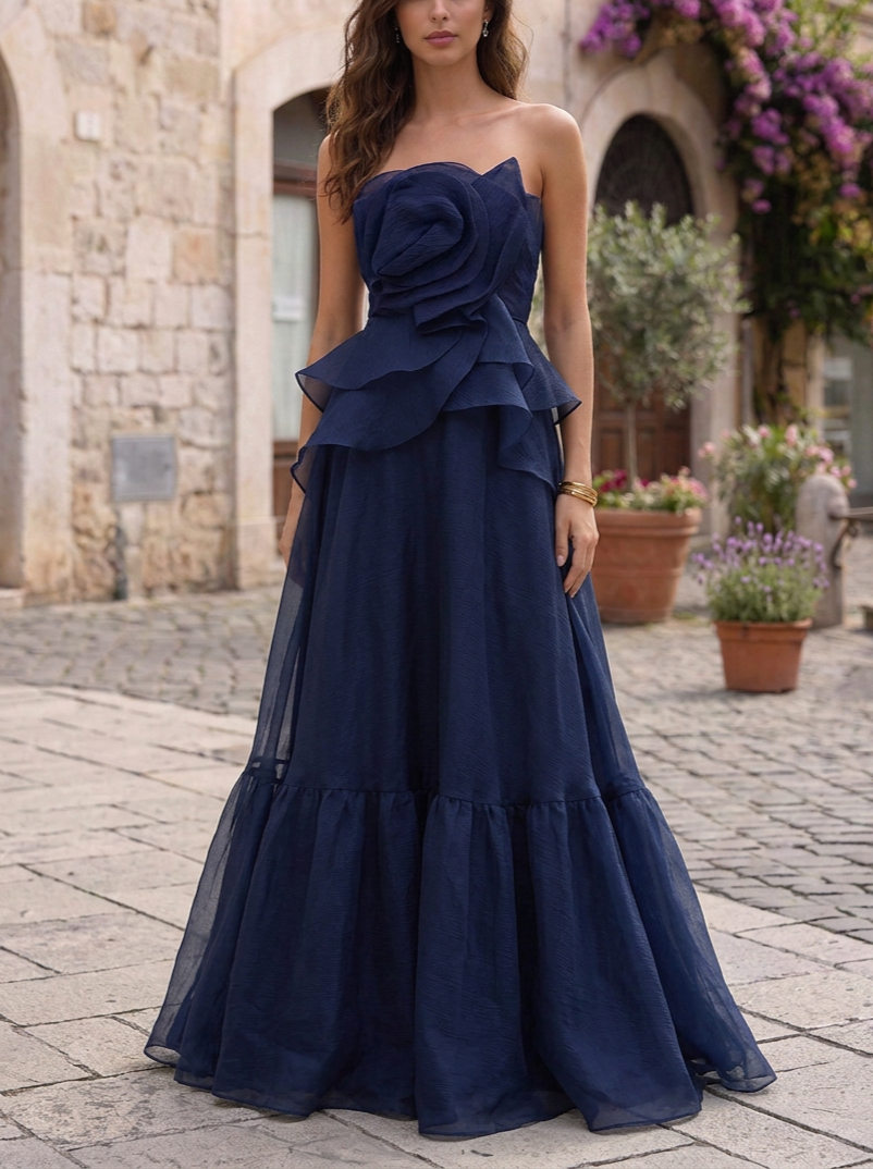 Strapless Navy 3D Floral Ruffled Tulle Maxi Evening Gown