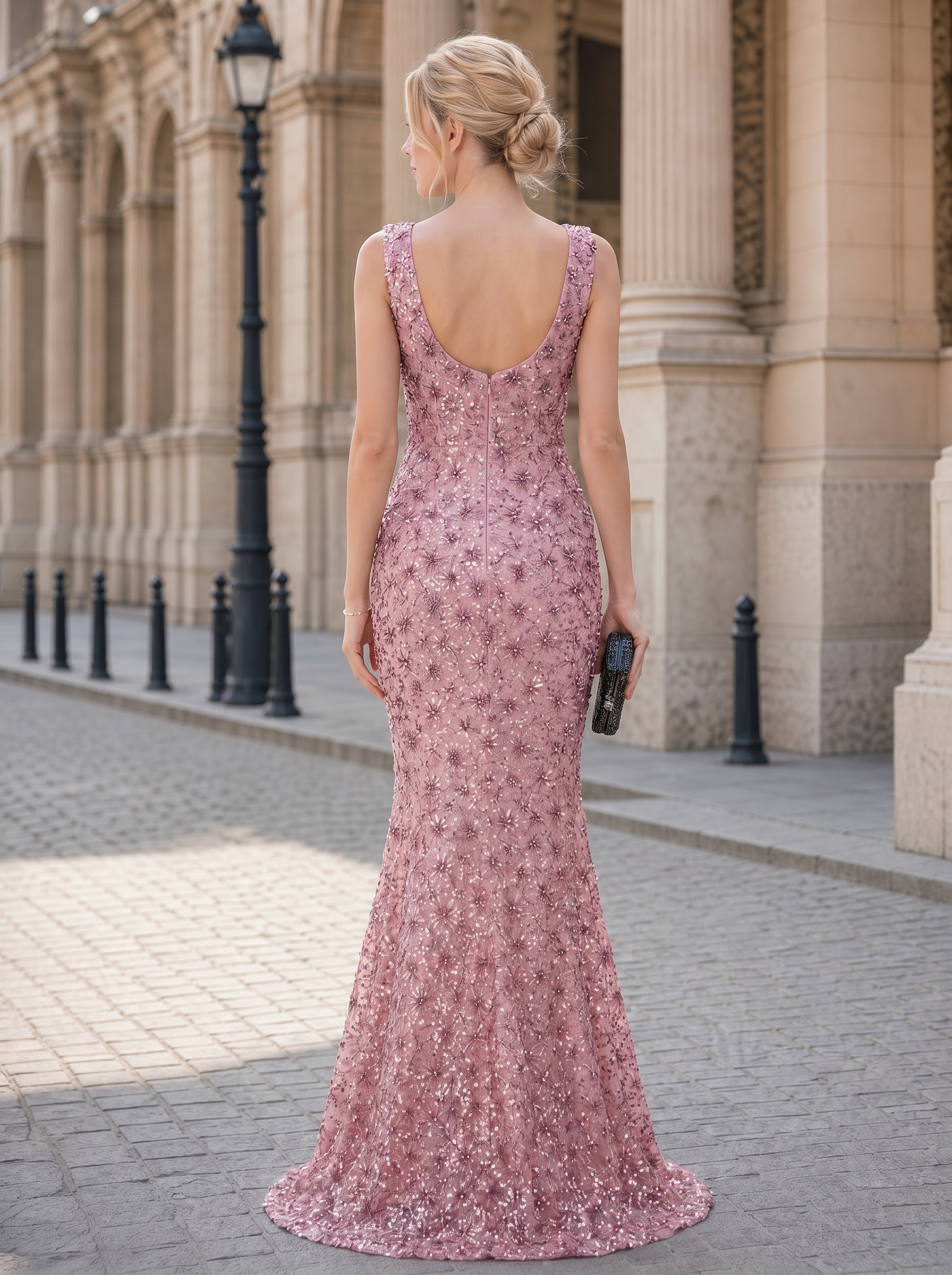 Pink Floral Beaded Sleeveless Bateau Mermaid Mother of Bride Evening Gown