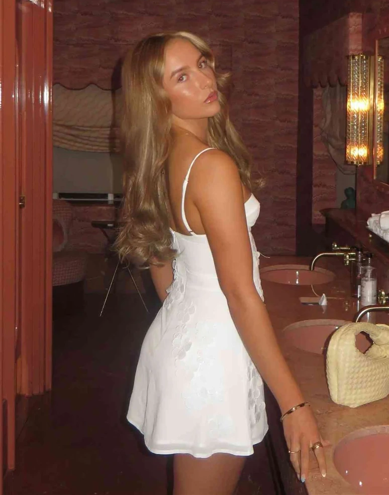 White 3D Flower Spaghetti Strap Mini Dress Molded Cup Flowy Skirt