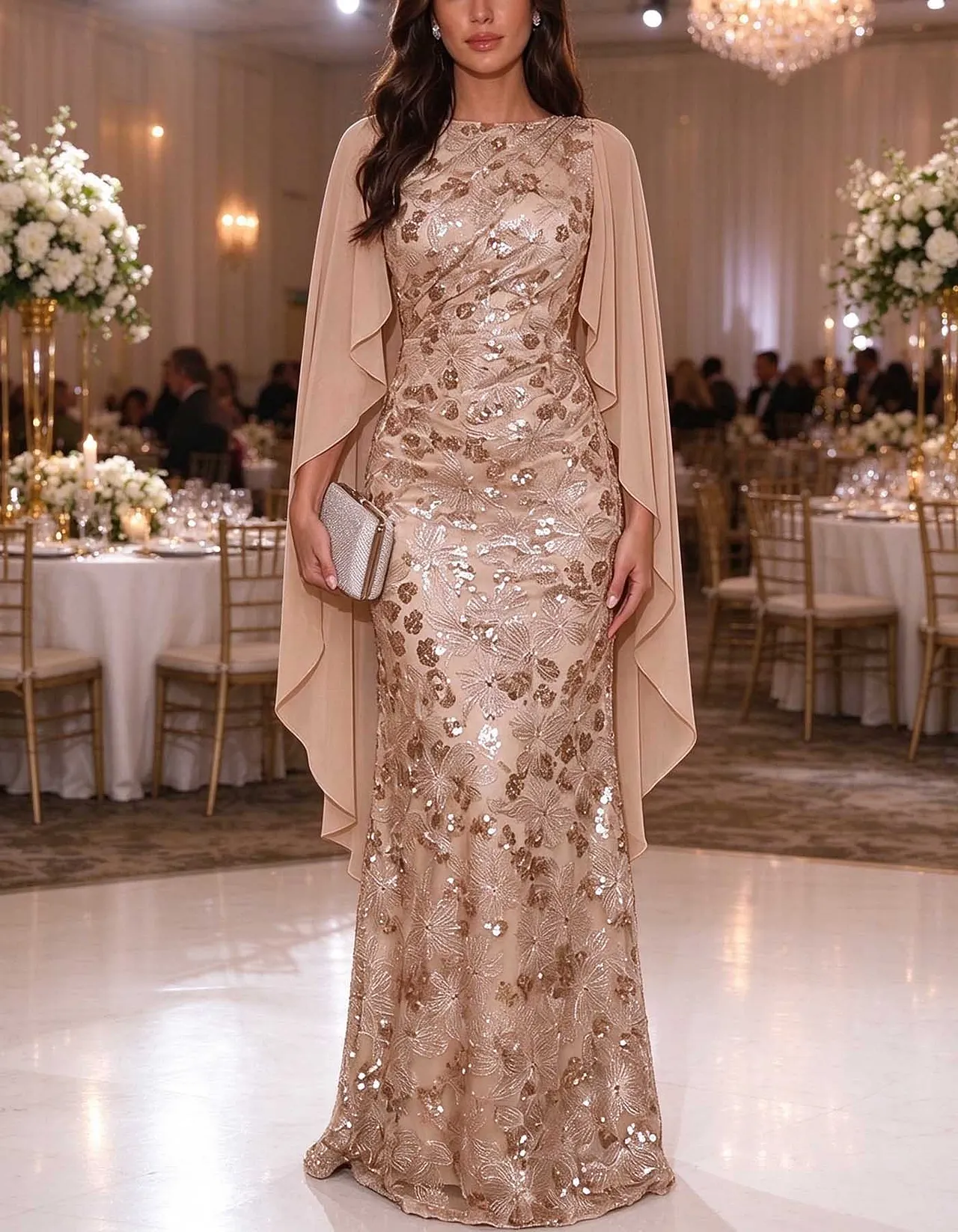 Round Neck Sequin Floral Lace Chiffon Cape Maxi Dress