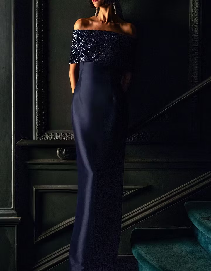 Navy Blue Velvet Sequin Off-Shoulder Satin Fishtail Maxi Dress