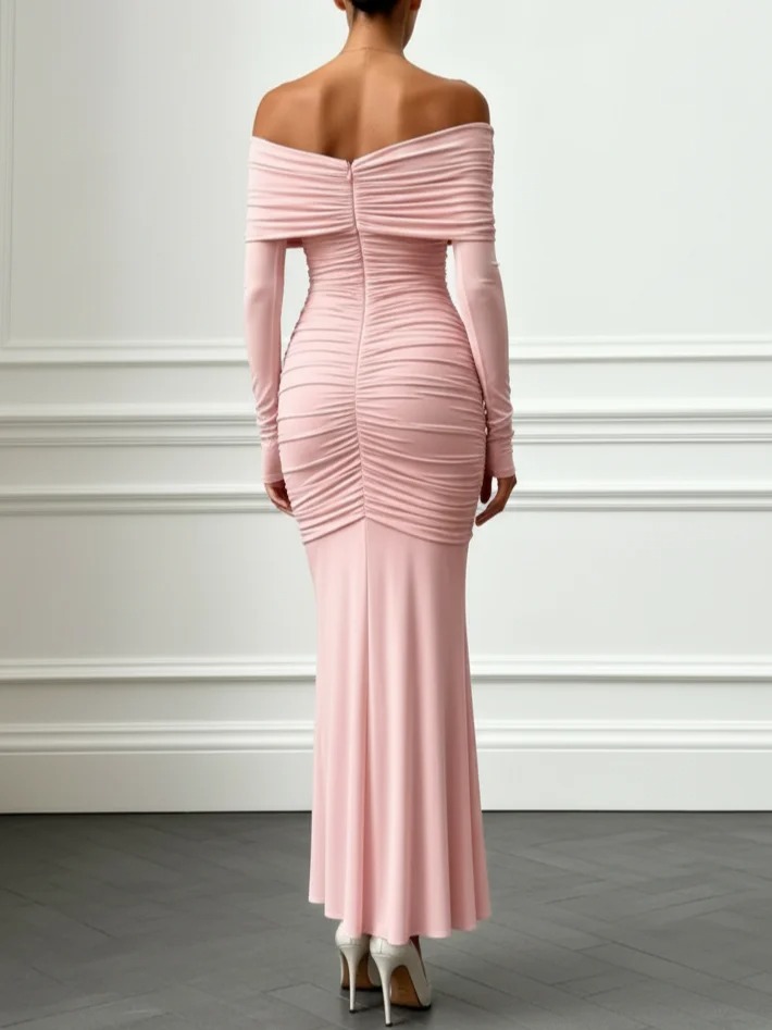 Pink Ruched Split Joint Knit Off The Shoulder Long Sleeve Mermaid Maxi Dress