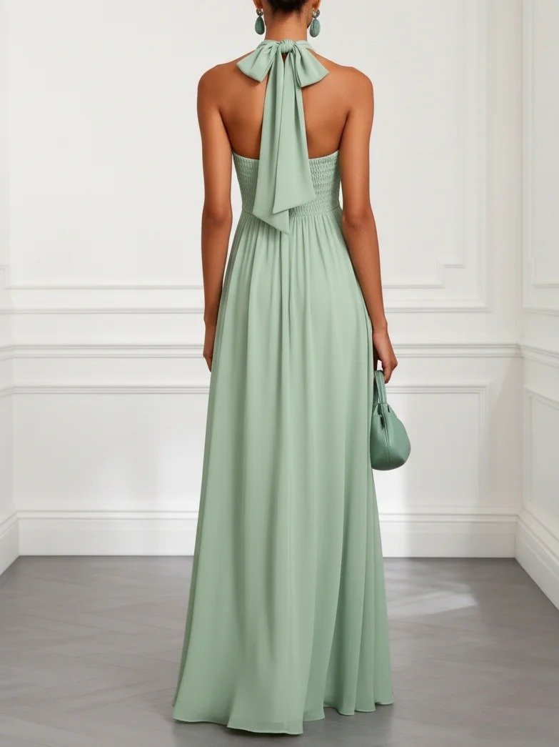 Green Ruched Bow Chiffon Halter Sleeveless A-Line Maxi Dress