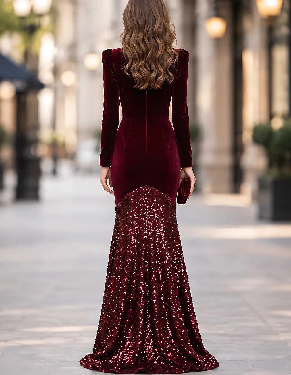Burgundy Ruffle Mesh Panel Velvet Long Sleeve Sequin Maxi Dress