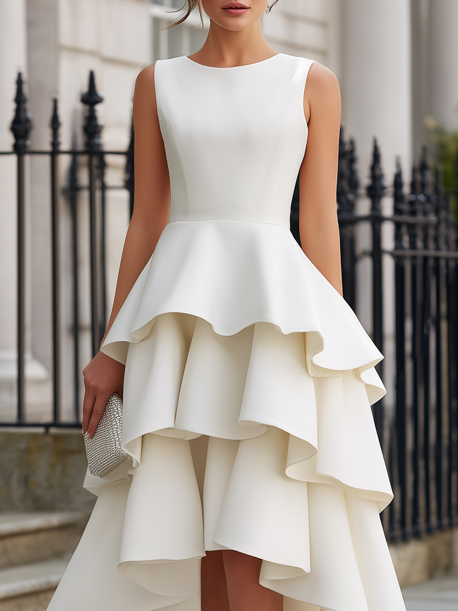 White Sleeveless Tiered High-Low Peplum Dress