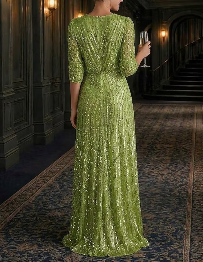 Green Sequin V-Neck Three-Quarter Sleeve Wrap Slit Maxi Dress
