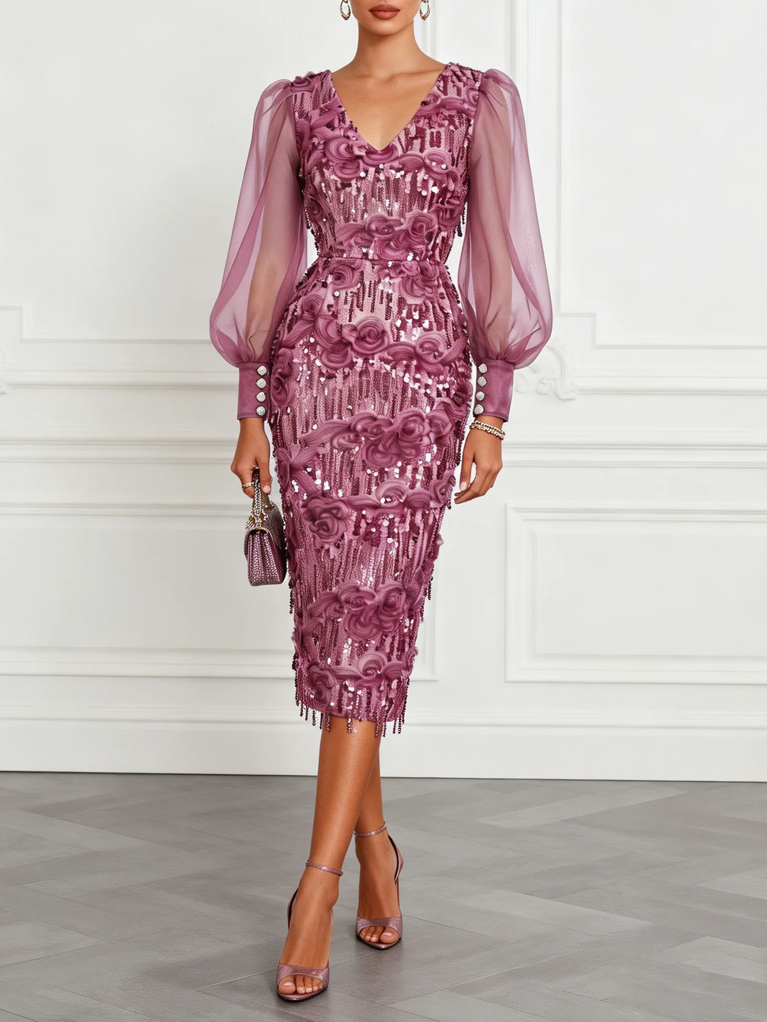 Purple 3D Floral Glitter Classic V Neck Long Sleeve Balloon Sleeve Sheath Midi Dress