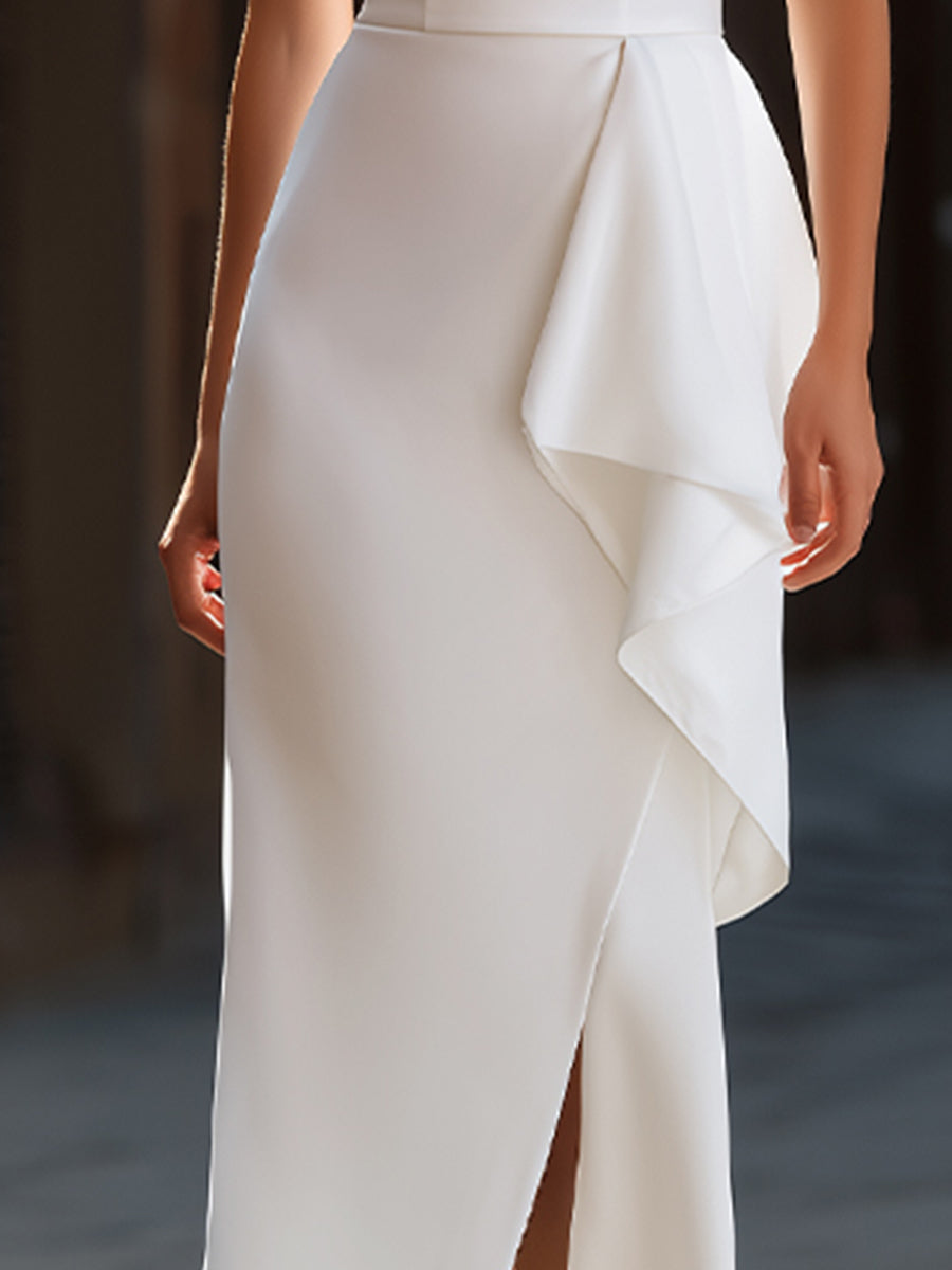 White Elegant Halter-Neck Draped White Evening Gown