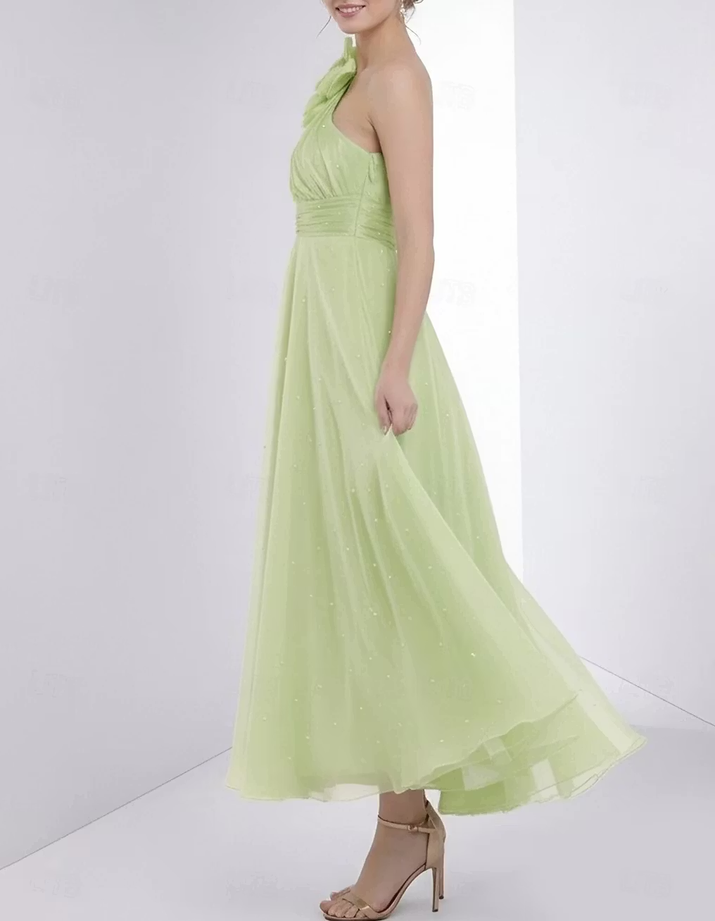 Apple Green Chiffon One Shoulder Floral Pearl Midi Dress