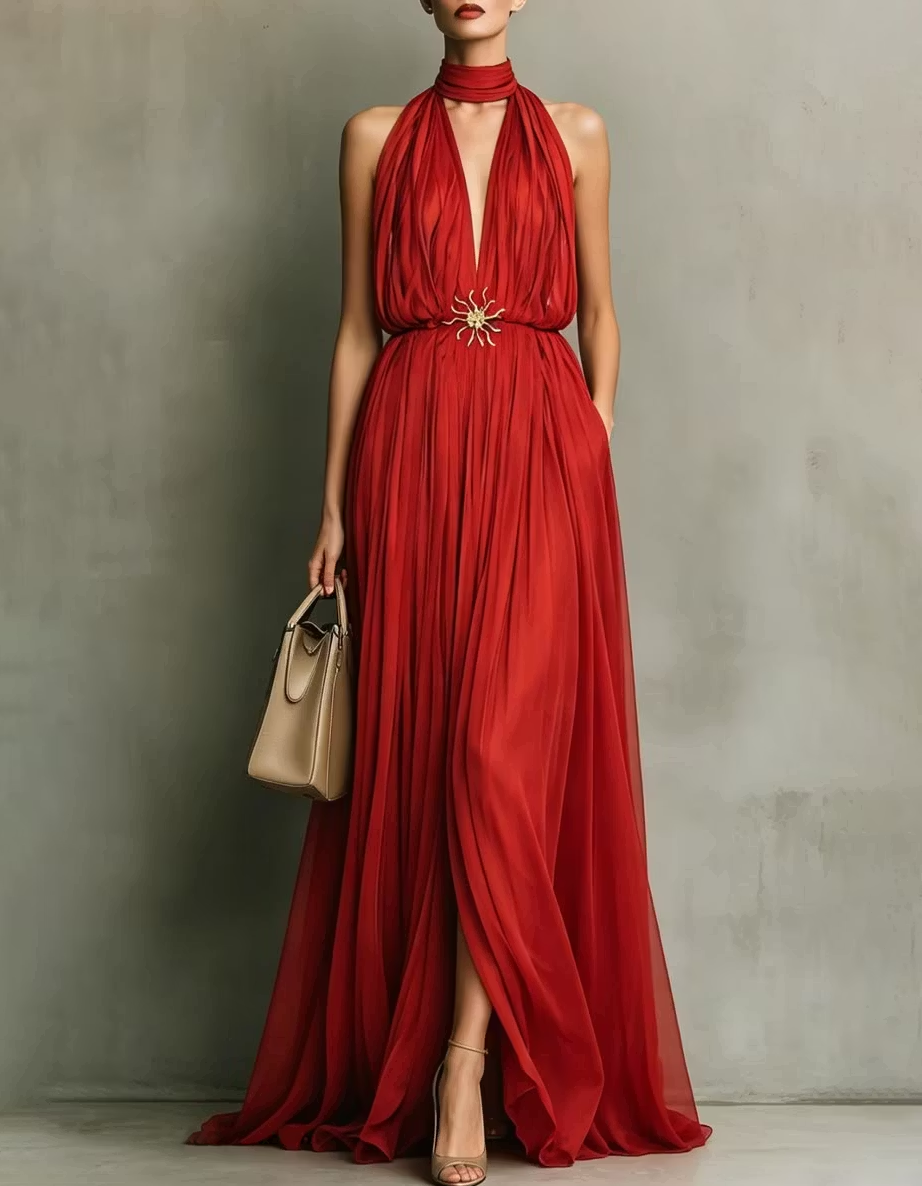 Red Chiffon Deep V Neck Split Maxi Dress（Without Waist Brooch）